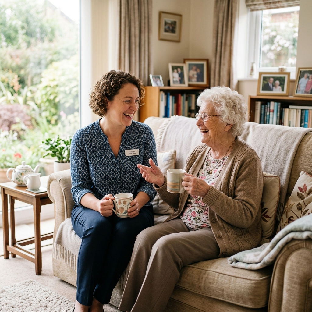 Caregiver and senior chatting warmly on a couch
