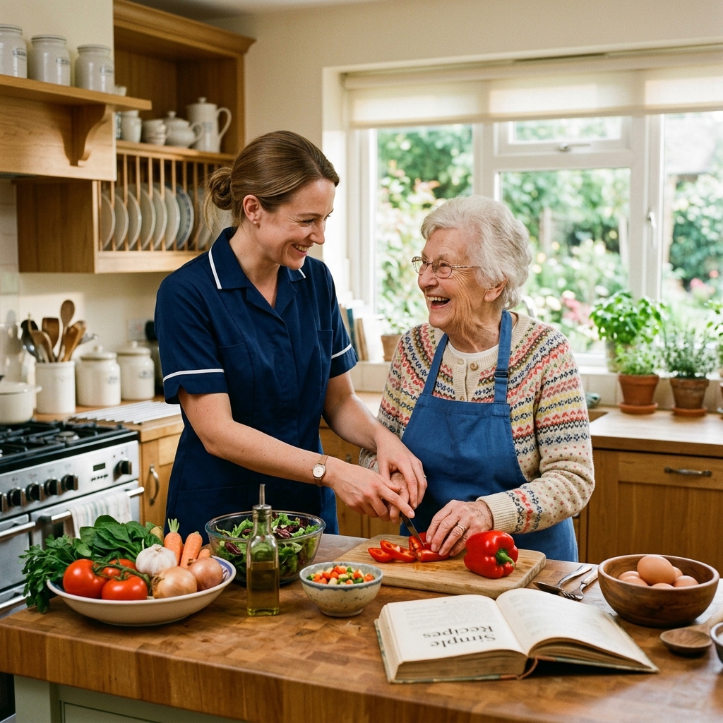Caregiver and senior preparing a meal together in a bright kitchen