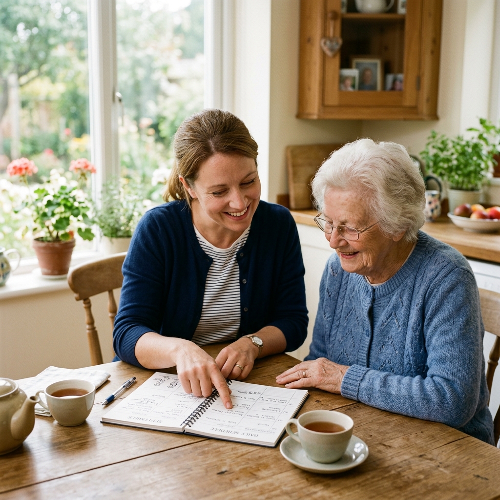 Caregiver gently assisting senior with daily schedule