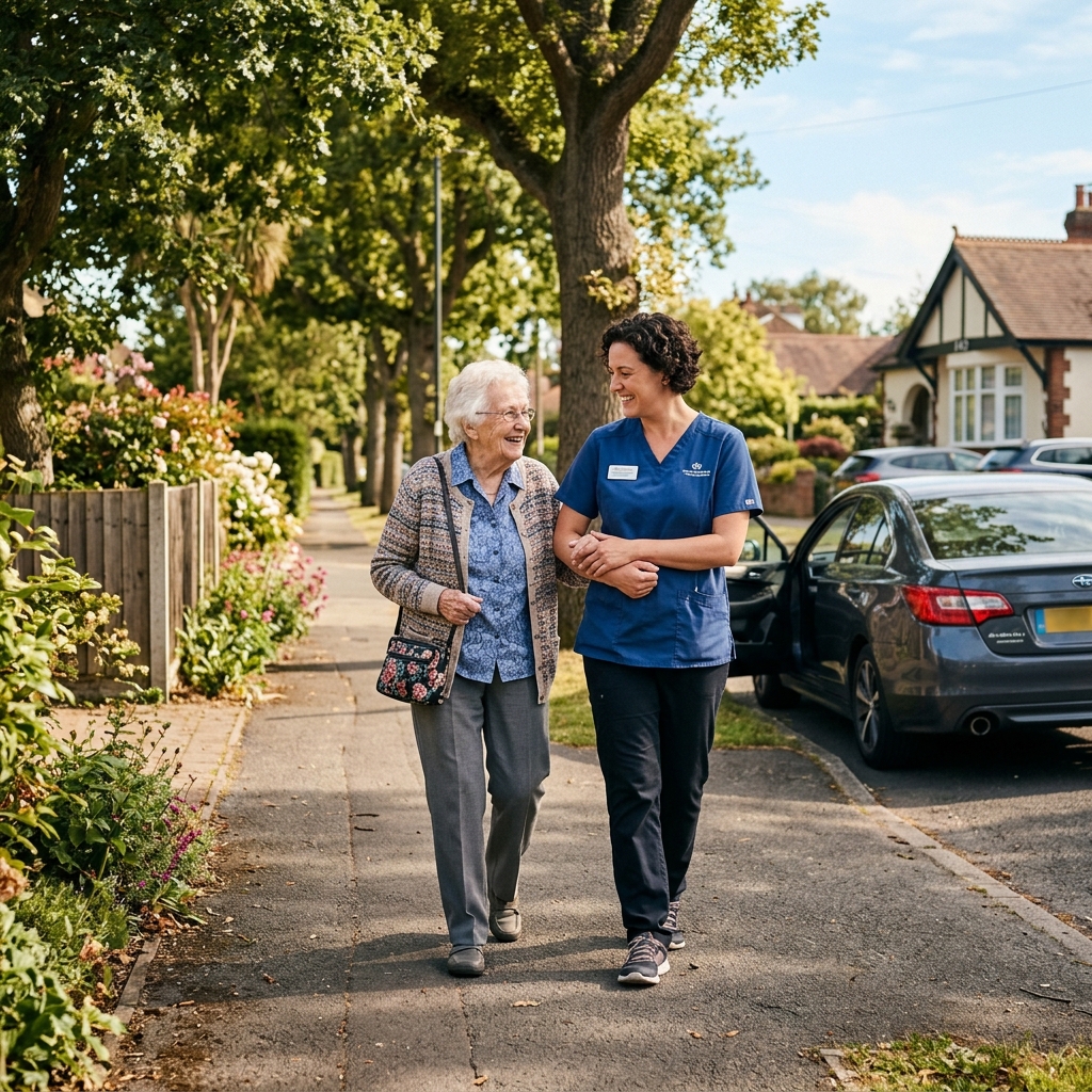 Caregiver walking arm-in-arm with senior outdoors